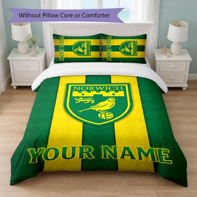 Norwich City Custom Name Text Bedding Set 1 Duvet Cover+2 Pillowcases Soccer Logo Personalized Gift For Special Occasion Bedroom Decor