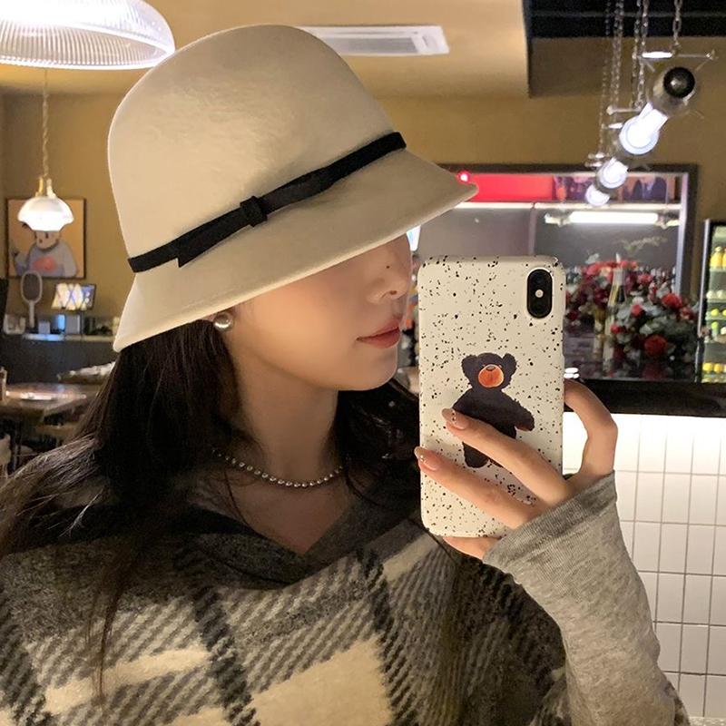 Autumn Winter French Bow Bucket Hat Women Sweet Felt Hat With Folded Shape
