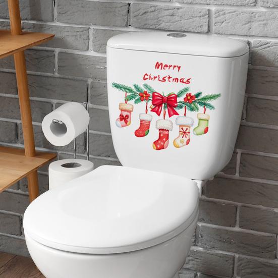Merry Christmas Toilet Sticker Waterproof Self-adhesive PVC Living Room Bathroom Wall Santa Car Reindeer Stocking Toilet Seat Lid Decoration Decal