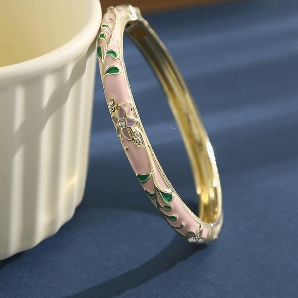 Retro Light Luxury Enamel Bangle Bracelet Gold Plated Flower Enamel Bangle Open Clamp Bangle Gifts