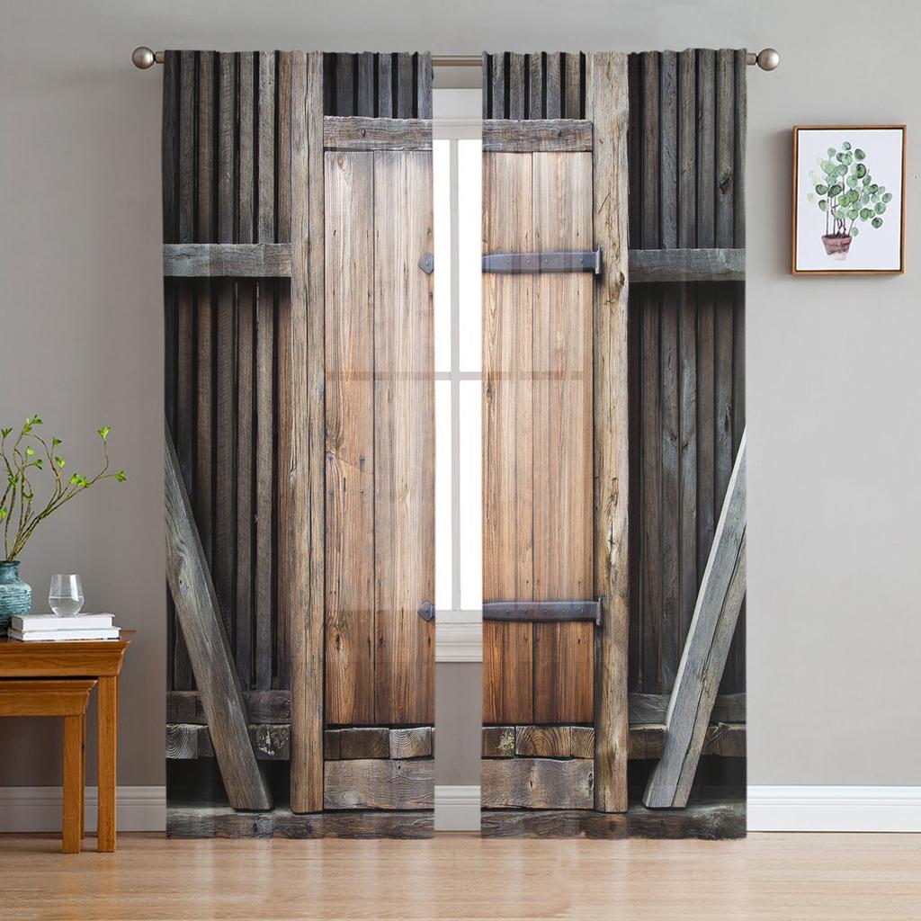 Wooden Door Stone Wall Shabby Retro Tulle Curtains for Living Room Decoration Modern Chiffon Sheer Voile Kitchen Bedroom Curtain