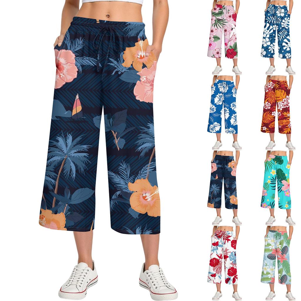 Женские летние повседневные спортивные брюки с высокой талией и принтом, укороченные брюки свободного покроя