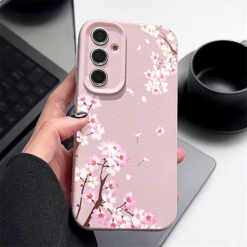 Розовые Цветы Персика Цветочный Чехол Для Samsung S26 S25 S24 Ultra S23 S22 S21 FE A15 A16 A17 A26 A35 A36 A37 A54 A55 A56 A57 5G Чехол с Текстурой Кожи