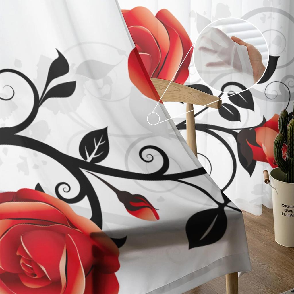 Red And Black Rose White Sheer Curtains for Girl Kids Bedroom Kitchen Window Drapes Curtain Home Decoration