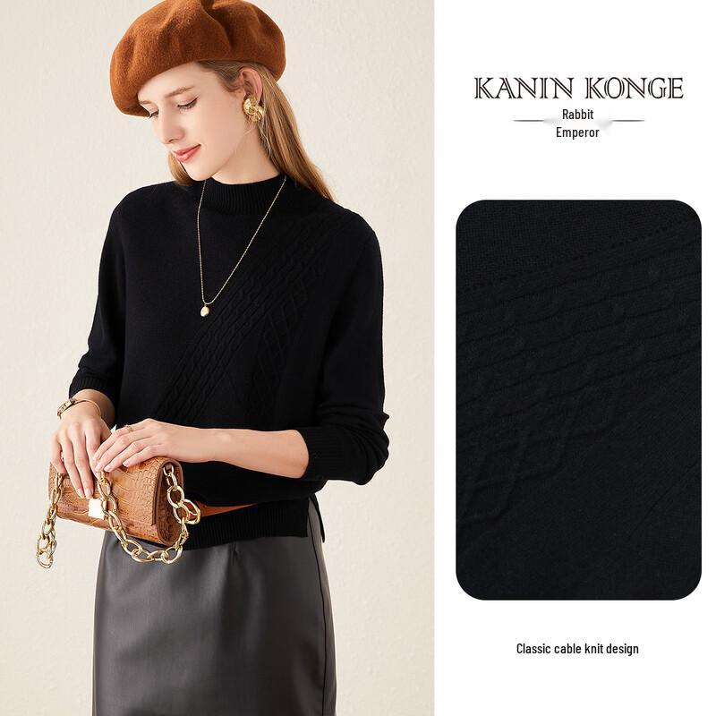 TUHUANG Women's Pure Wool Cable Knit Half-Turtleneck Sweater