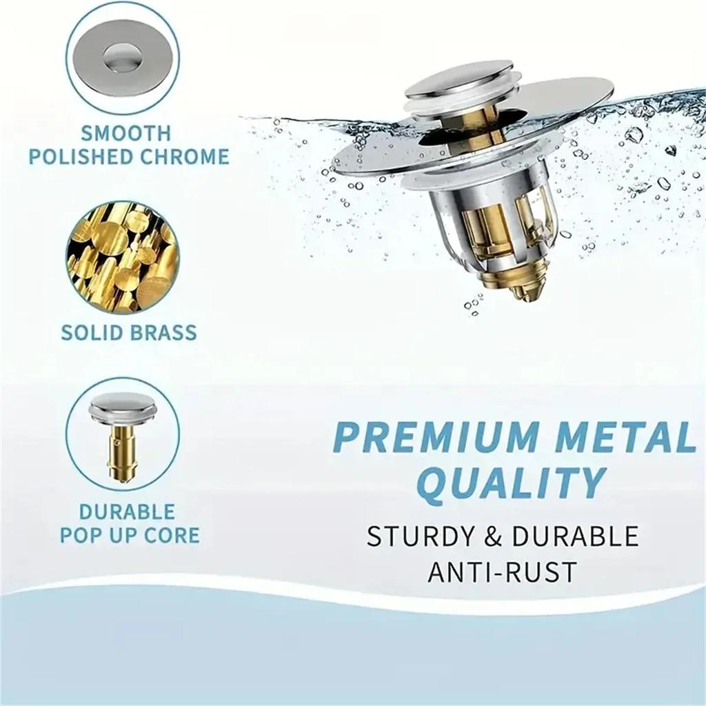 Universal Rebound Drain Plug Filter Basin Pop-up Chrome Sink Filter with Hair Catcher Bathroom Sink Drain Stopper Easy Push Type