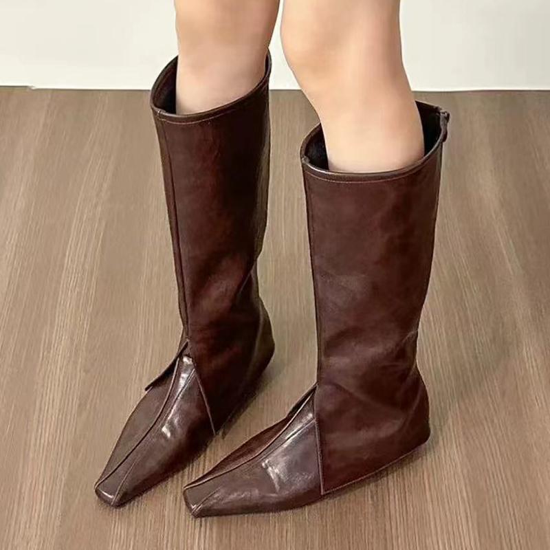 Женские туфли на плоской подошве, высокие сапоги с острым носком, классические ботинки челси, кожаные туфли до колена, тренд 2024 года, зимние дизайнерские готические туфли, Zapatos
