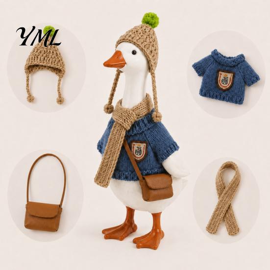 Polyester Goose Outfit 7 Inch Desk Outfits, 4 Pcs Knitted Sweater Hat Scarf Tabletop Clothes Crossbody Bag Winter Holiday Accessory for Office, Shelf,