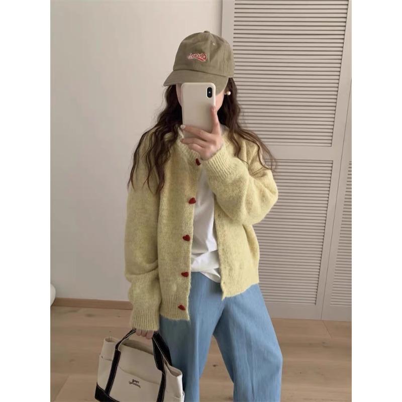 Женский осенне-зимний вязаный кардиган с круглым вырезом и пуговицей Love Button