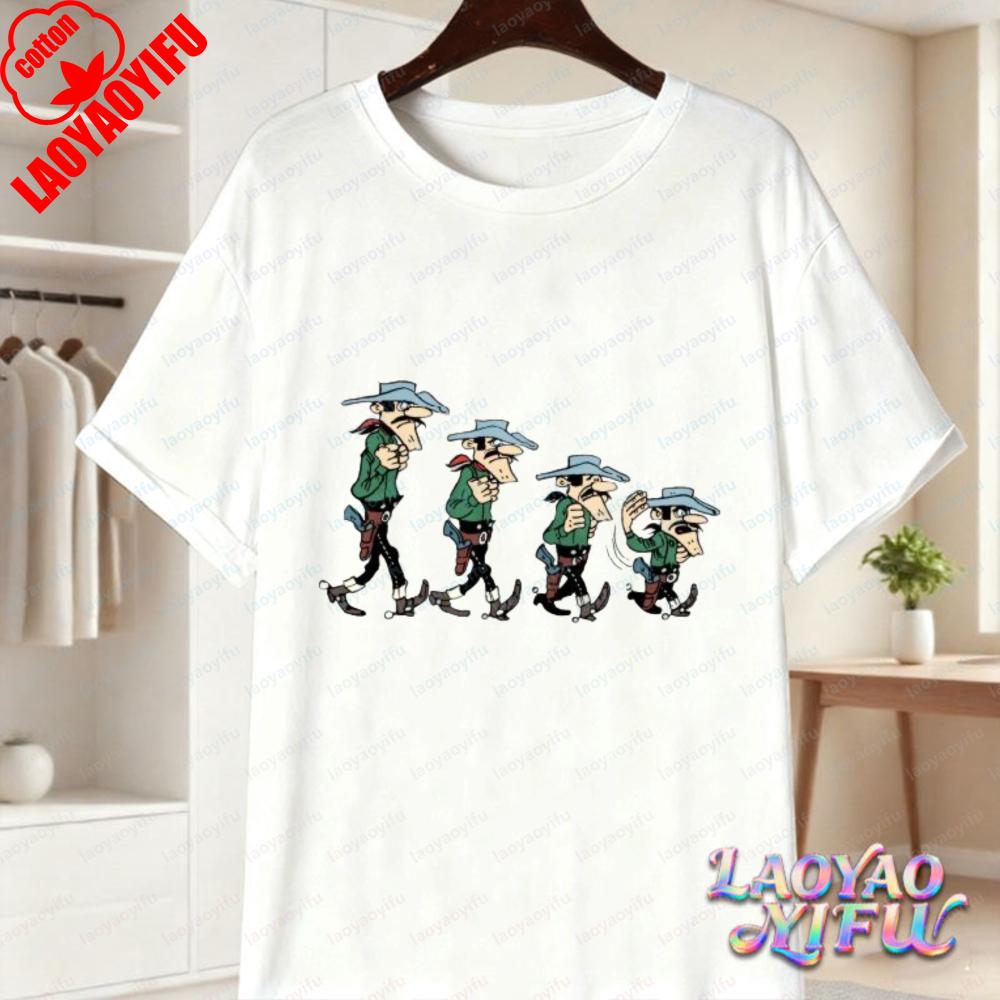 Classic Lucky Luke Cast Print Casual Tops Retro Western Animation Cotton TShirt Summer Casual Wear for Unisex Women Trendy Tee