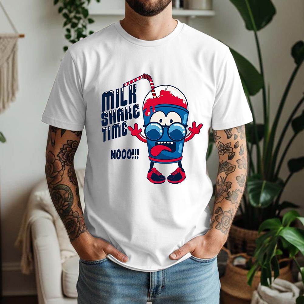 New Summer Unisexs 100 Cotton TShirt Retro Cartoon Milkshake Casual Breathable Short Sleeve Daily Wear