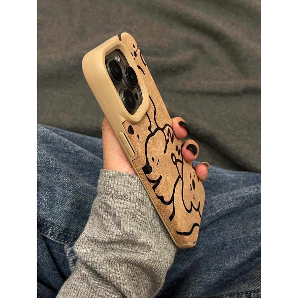 Line Puppy Bear for Apple 16 ProMax Phone Case for IPhone 15 Brown 14 Leather 13 Matte 12