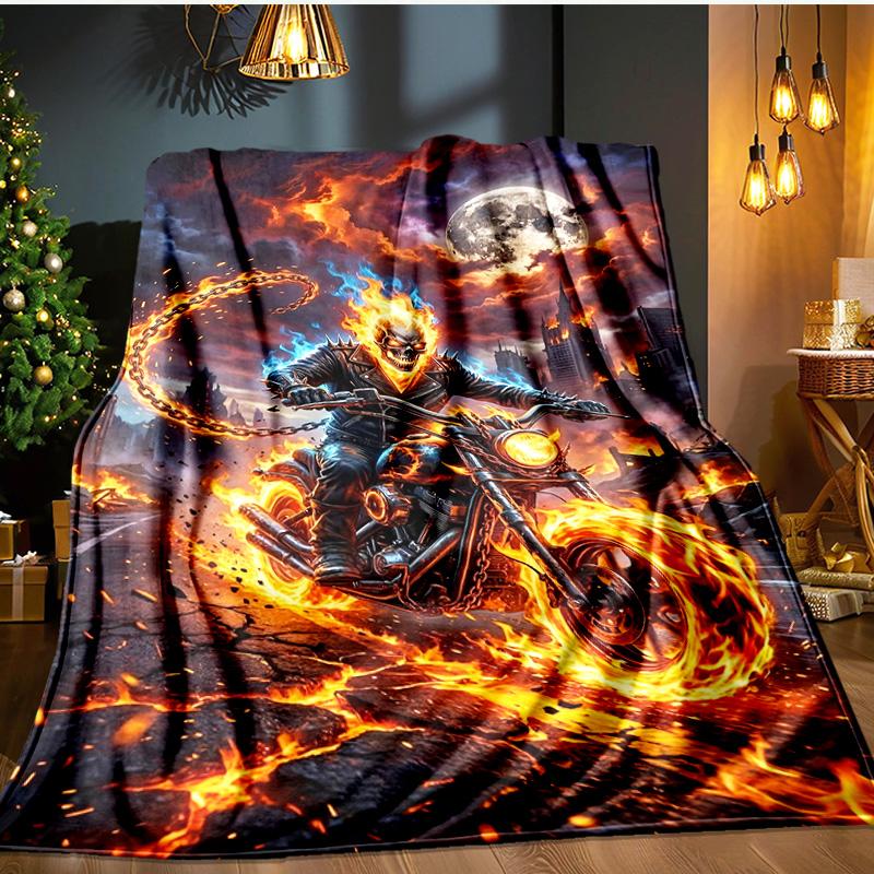 Ghost-Rider On Fire Blanket Flannel Throw for Sofa, Indoor, Camping, Living Room, Office, Chair, And Bed Soft Birthday Gift