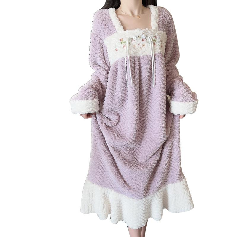 Women's Warm Plush Low Cut Square Neck Long Sleep Dress Lounge Set