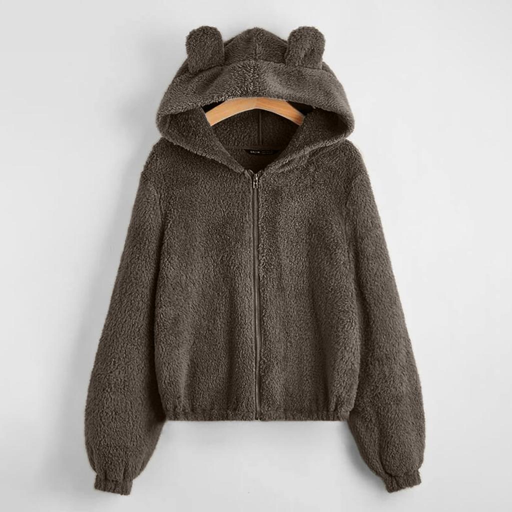 Женская флисовая однотонная толстовка с длинным рукавом, теплая куртка с капюшоном на молнии в форме медведя, нечеткое пальто с капюшоном