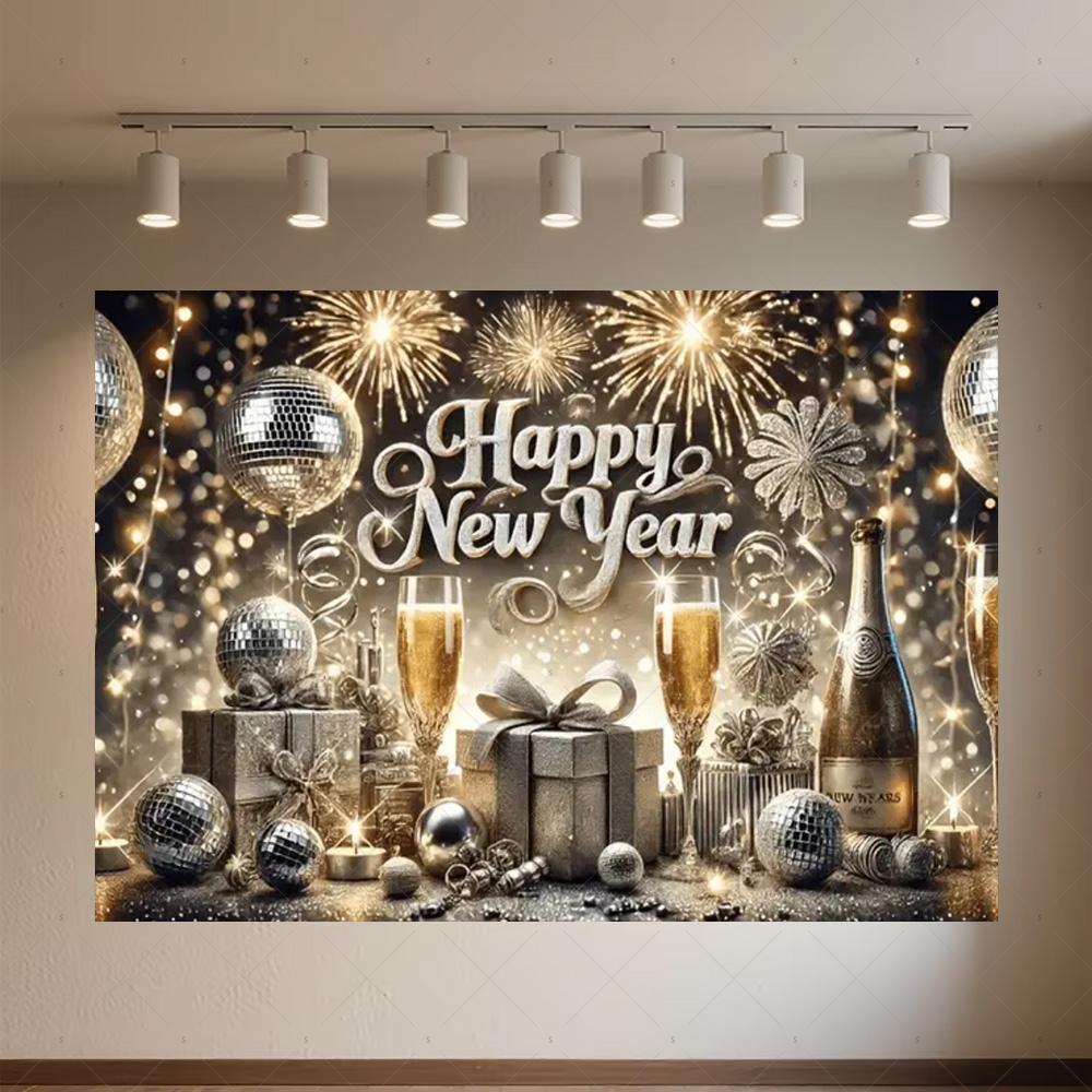 Black Gold New Year Background Banner Glitter 2026 Happy New Year Backdrop Supplies Balloons New Year Party Decoration Gifts