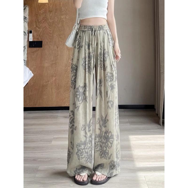 Blue and White Porcelain Retro Style Printed Pants Lazy Wind Loose Pendant Casual Pants Versatile Meat Covering and Thin Floor Pants