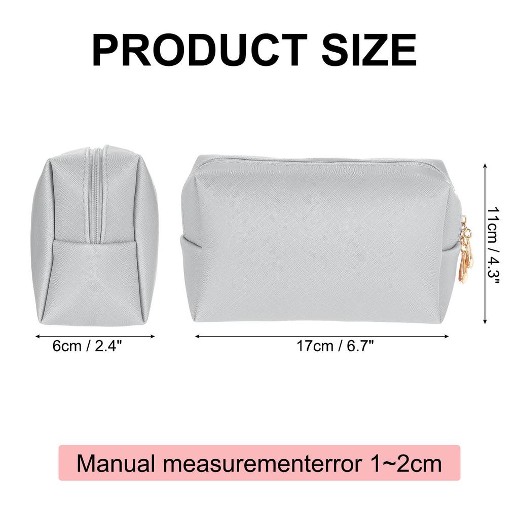 Uxcell PU Leather Square Makeup Waterproof Cosmetic Organizer Bag with Makeup Brush Holder for Women Pouch, Zipper, (Silver, Small)