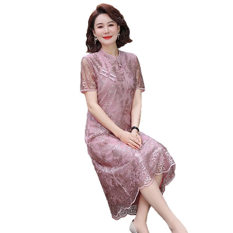 Retro Chinese Style Cheongsam Knee-Length Dress for Middle-Aged Women