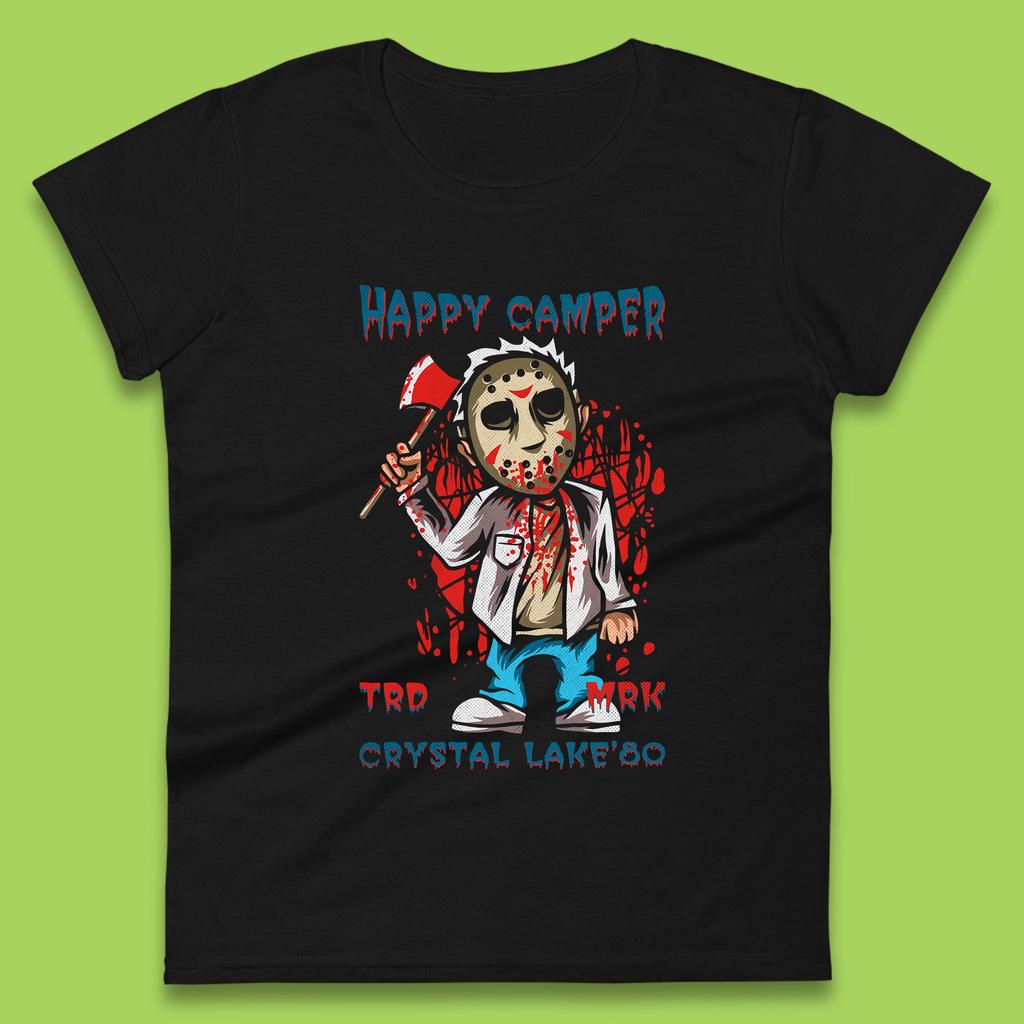 Happy Camper Crystal Lake 1980s Jason Voorhees Vintage Halloween Horror Movie Womens Tee T Shirt Mens Tops Unisex Top