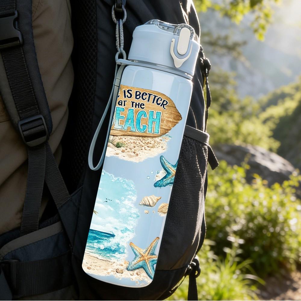 1PC Beach Ocean Sea Shell Landscape Print 750ml Color Plastic Sports Water Bottle Leakproof Flip Straw Lid Suitable for Sports Office Home Use