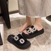 Premium Sense with Diamond Cool Slippers Women's Summer 2024 New Outer Wear Fashionable Thick-soled Sequined Muffin Bottom with Skirt Slippers