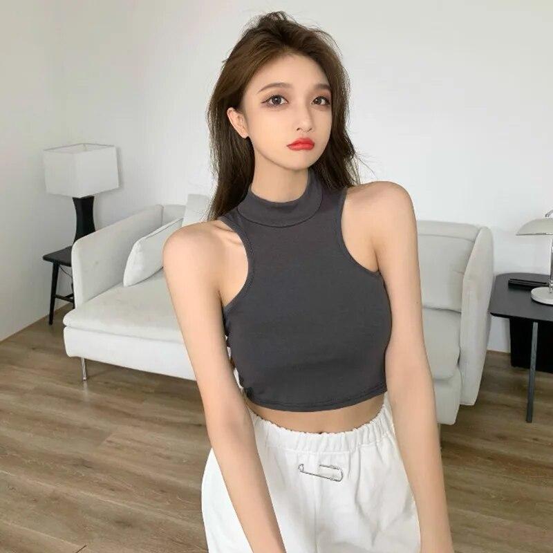 Женская однотонная майка без рукавов, легкий укороченный топ, пуловер с воротником-халтер, повседневная базовая рубашка