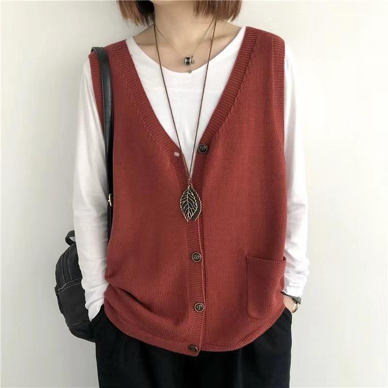 Women Knitting Vest V-Neck Sleeveless Single Breasted Warm Waistcoat Solid Color Loose Fit