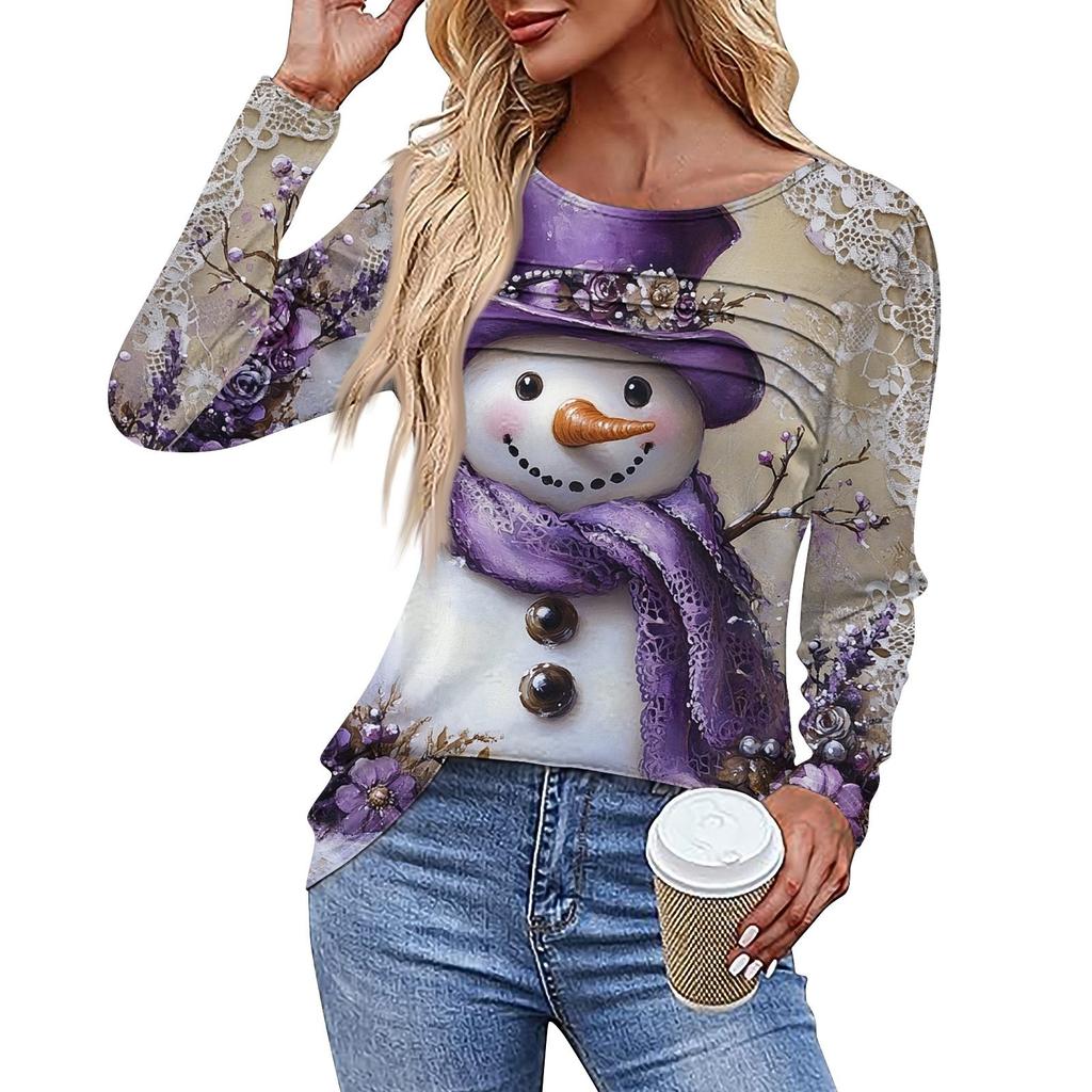 Женская повседневная модная футболка с круглым вырезом и длинными складками на Рождество