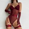 Sexy Mesh Patchwork Bodysuit with Gloves - Body Shaping Lingerie