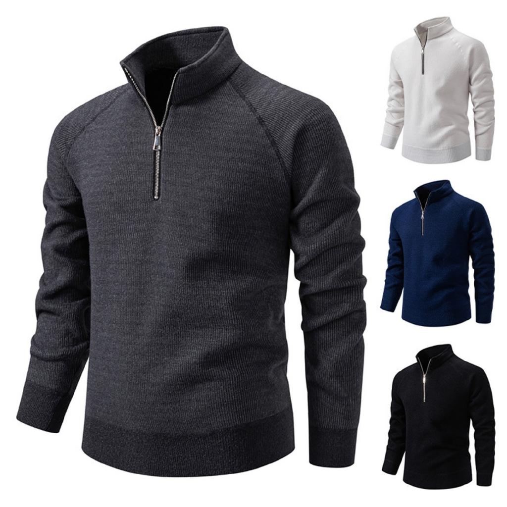Men's Casual Solid Color Thickened Sweater, New Men's Stand-up Collar Semi-zipper Fitted Knitted Sweater