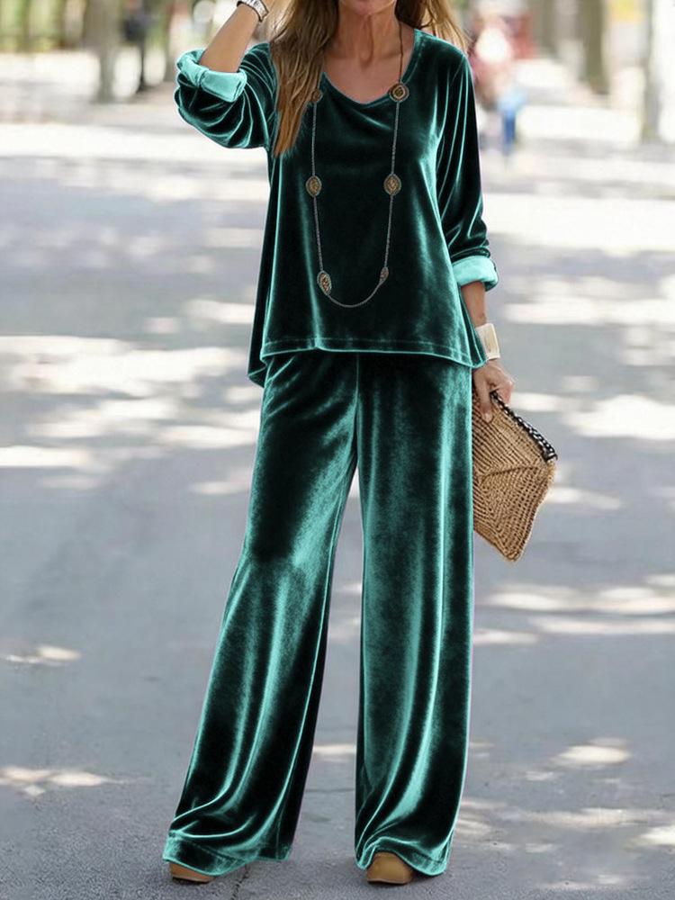 2025 foreign trade cross-border new women's clothing, casual V-neck pullover, long sleeves and trousers, velvet multi-color women's suit
