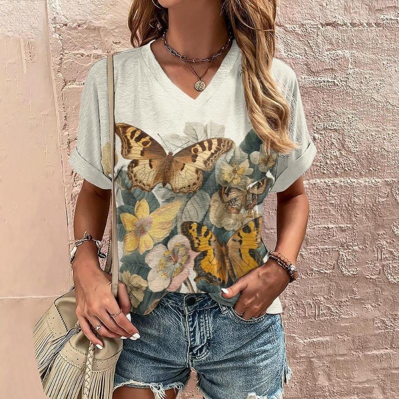 Летняя повседневная женская рубашка с принтом бабочек для поездок на работу, элегантная, с V-образным вырезом и короткими рукавами