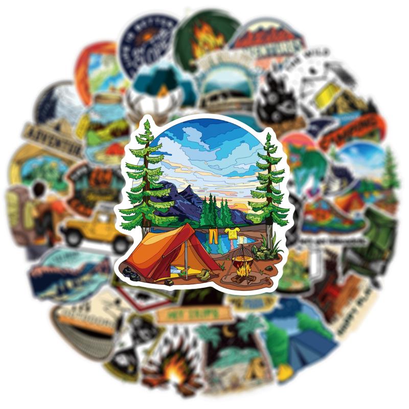 Forest Camping Stickers Cartoon Hiking Outdoor Scenery Decals for Laptop Luggage DIY Decoration 50pcs Set