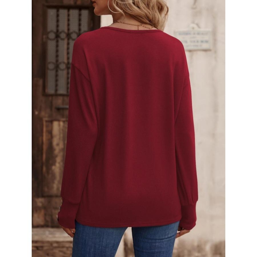 Women's Autumn Winter Solid Color V-neck Loose Long Sleeved T-shirt Button Top Blouses & Shirts