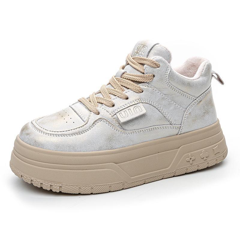 Теплые белые туфли из натуральной кожи с подкладкой, женские, с толстым дном, высокие, хлопковые, спортивные, для отдыха, для катания на доске