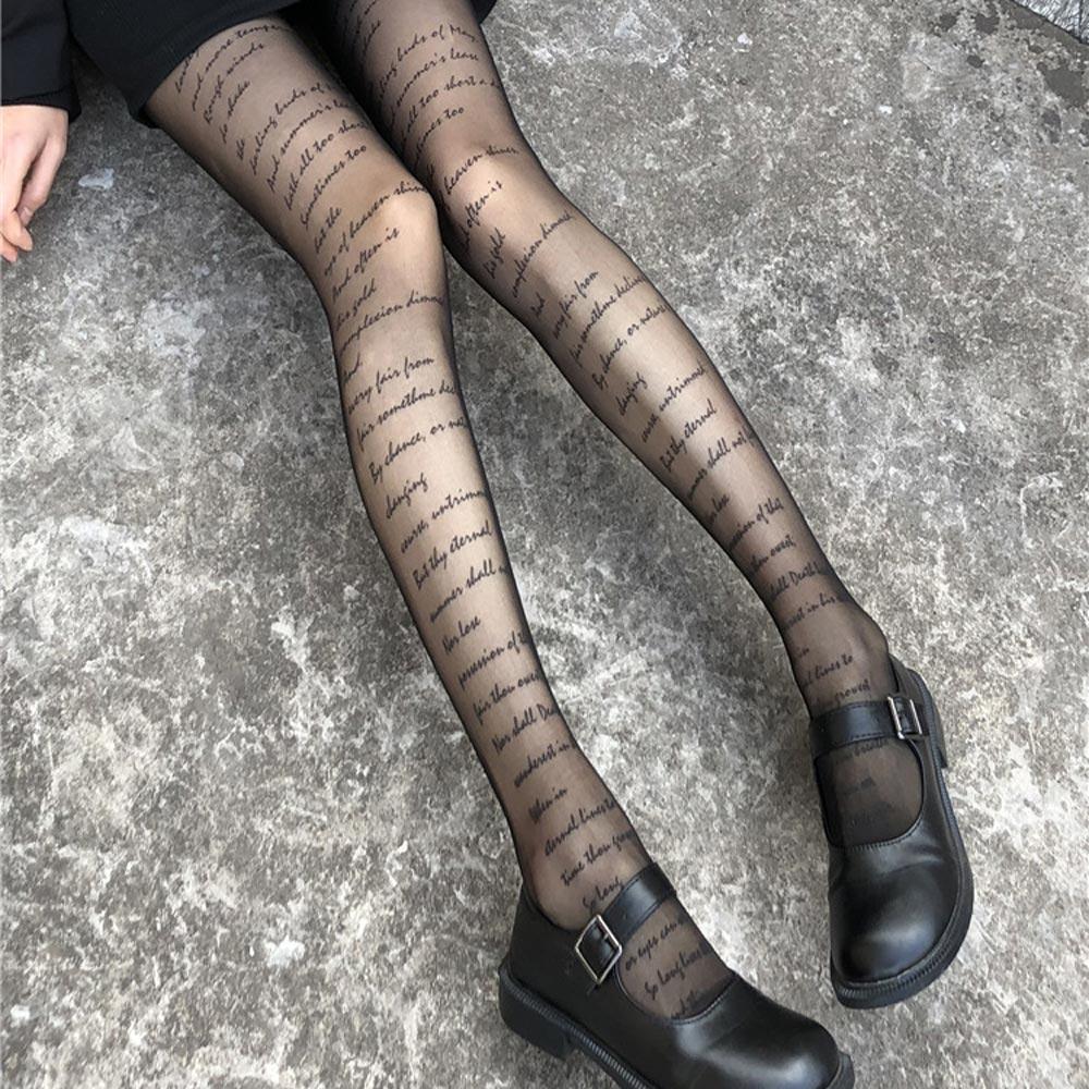 Женские чулки с принтом, вечерние готические колготки с надписями, нейлоновые тонкие колготки с татуировкой, офисное сексуальное женское белье в стиле Лолиты