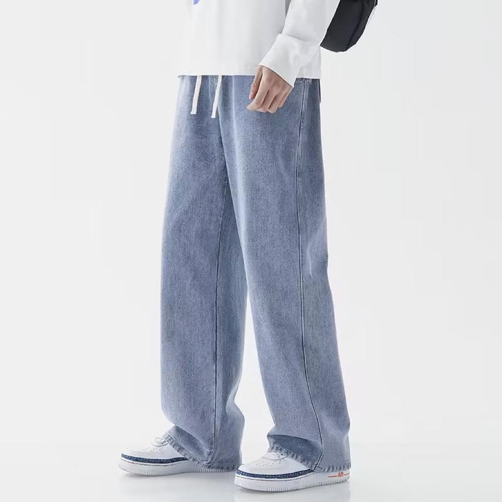 Men's Light-Colored Drawstring Jeans: Elastic Waist, Loose Straight-Leg, Floor-Length, Trendy Wide-Leg, Casual Spring Pants