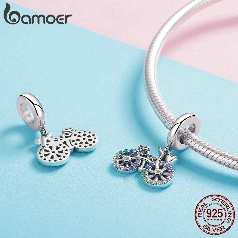 BAMOER 925 Sterling Silver Crystal Bike Bicycle Shape Pendant Charms Fit Bracelets & Necklace