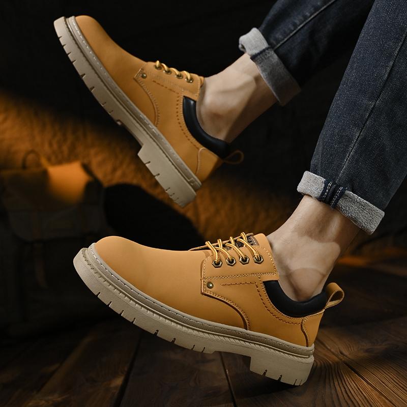 Бренд Мужские Удобные и Модные Ботинки на Шнуровке на Толстой Подошве Нескользящие Повседневные Ботинки Классические Желтые Ботинки для Работы на Открытом Воздухе с Большим Пальцем