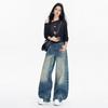 Retro American street flanged waist design jeans women's autumn new loose and versatile mopping wide-leg pants tide