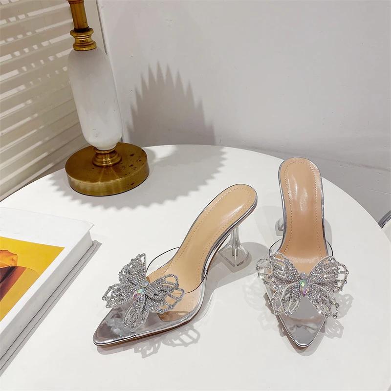 Женские прозрачные тапочки из ПВХ, модные сексуальные летние босоножки с открытым носком и стразами, с бантом, с острым носком, на высоком каблуке, для выпускного вечера