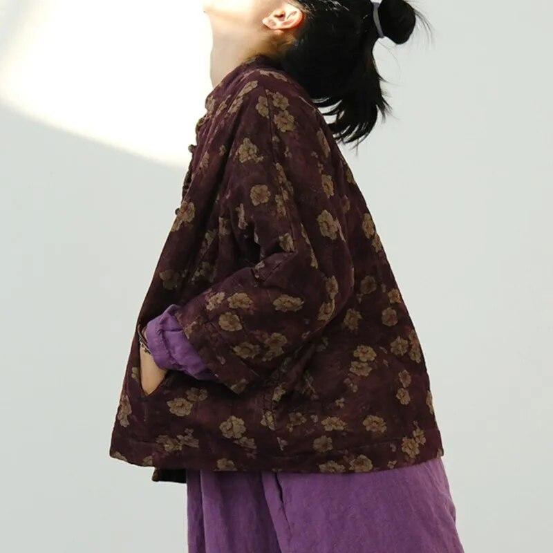 Johnature Women Bat Sleeve Corduroy Parkas Print Floral Winter Coats Warm Stand Button Clothes Winter Women Vintage Parkas