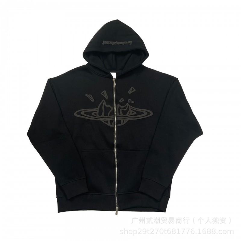 Mens Streetwear Hooded Tracksuit Set Foam Print Lettering Loose Fit Fleece Lined Long Sleeve Top Pants Casual Outfit