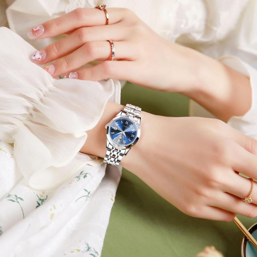 OLEVS Дата Часы для женщин Аналоговые Синие Серебристые Нержавеющая сталь Синие Давление Легко читаемые Женские Повседневные Женские Часы Женские Часы, Стильные, Популярные,