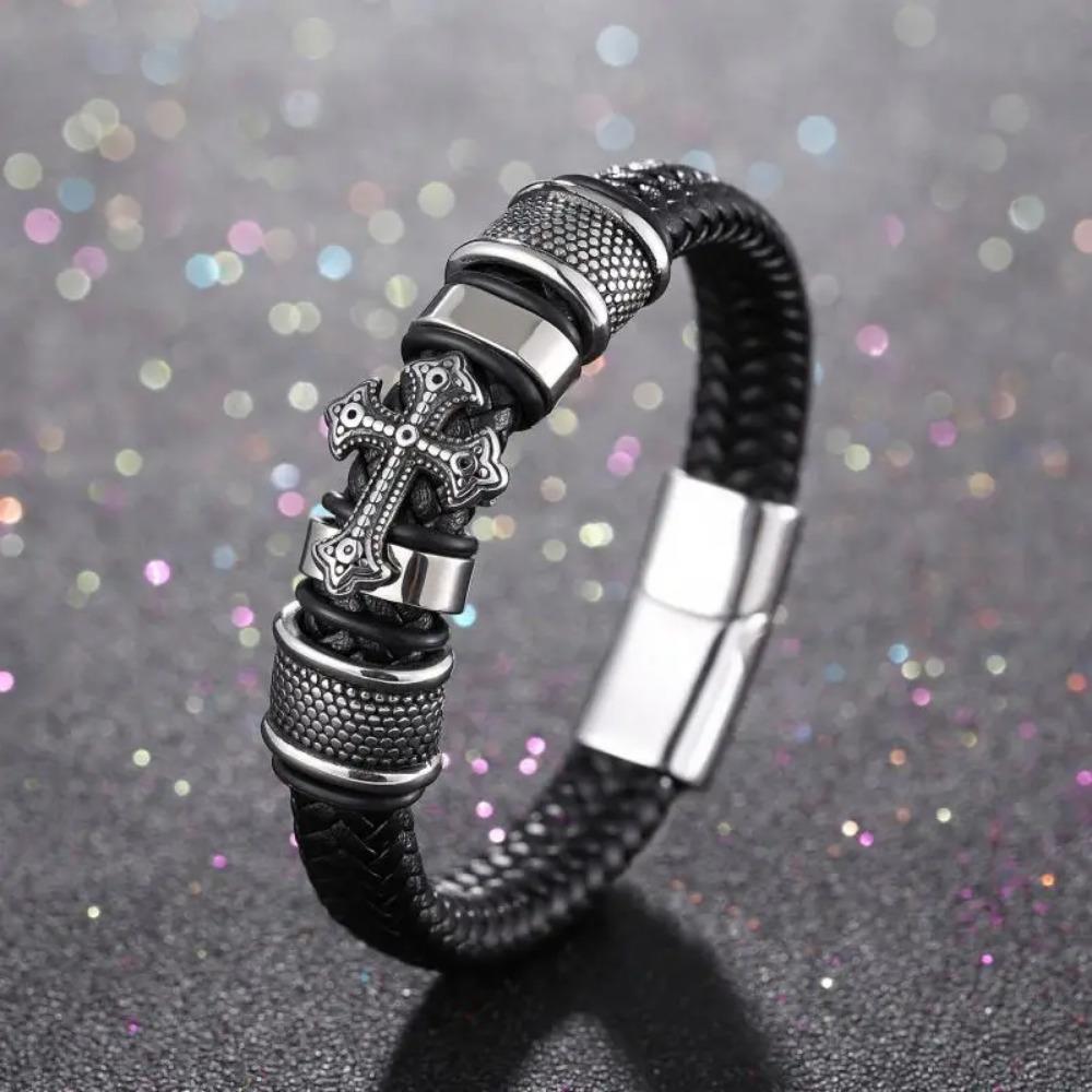 Luxury Mens Bracelet Cross Titanium Steel Vintage Fashion Jewelry Leather Braided Trend Personality Hot Selling Bangles