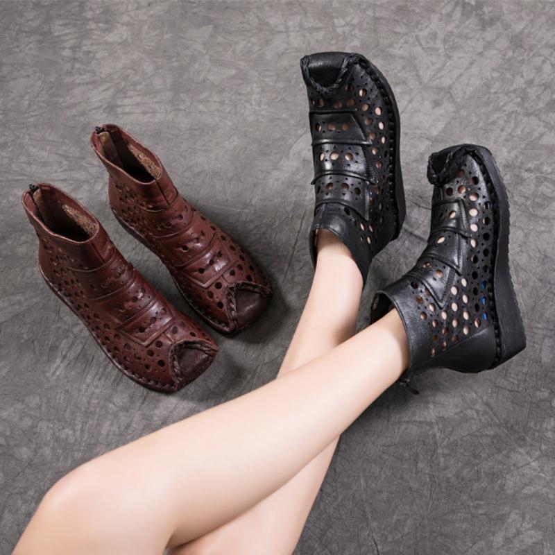 Johnature Genuine Leather Summer Hollow Out Boots Retro Handmade Round Toe Breathable Wedge Sandals Women's Shoes