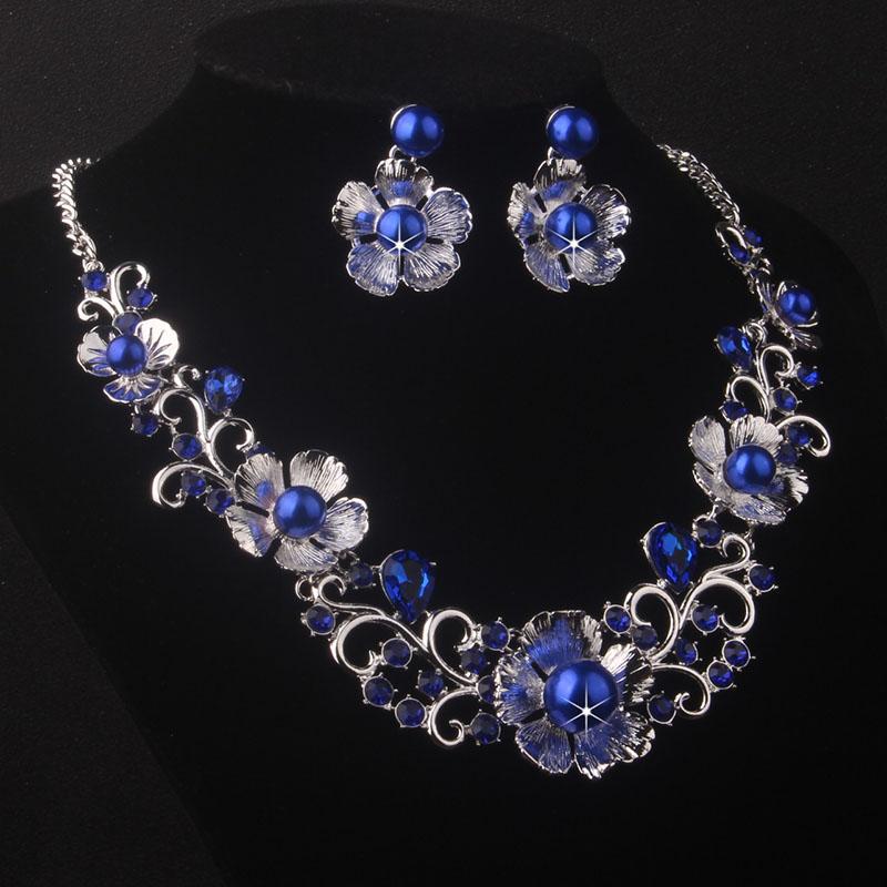 Bridal accessories: navy blue, purple, red, flower shaped beads necklace, earring set, women's wedding set, stage performance, e