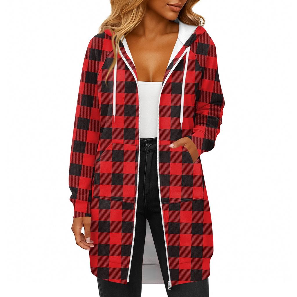 Женская модная рождественская толстовка с длинными рукавами, капюшоном на кулиске, карманом на молнии, длинная, повседневная