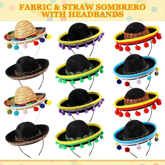 6 шт., повязка на голову сомбреро на Хэллоуин, мексиканские вечерние шапки с плюшевыми помпонами, праздничные фиесты, реквизит для косплея